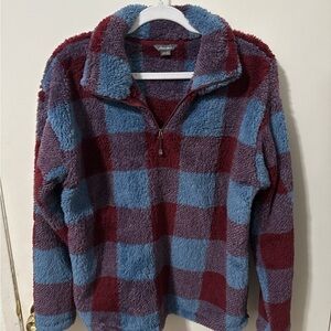 Eddie Bauer Large Women’s Red and Blue Quarter Zip Plaid Sweater